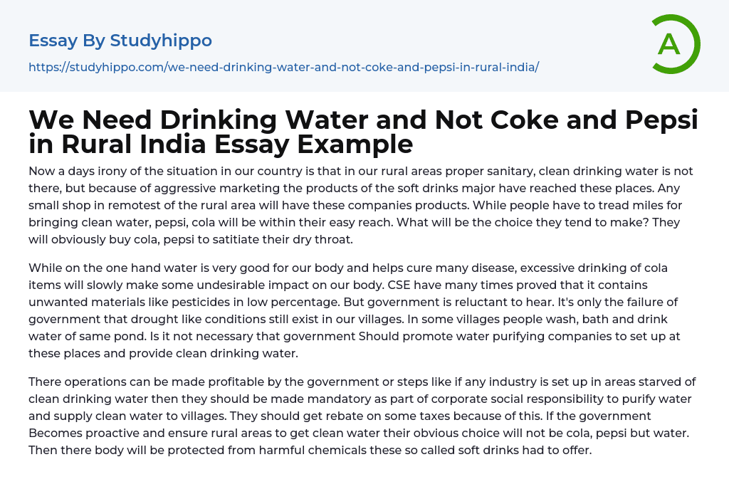 We Need Drinking Water and Not Coke and Pepsi in Rural India Essay Example