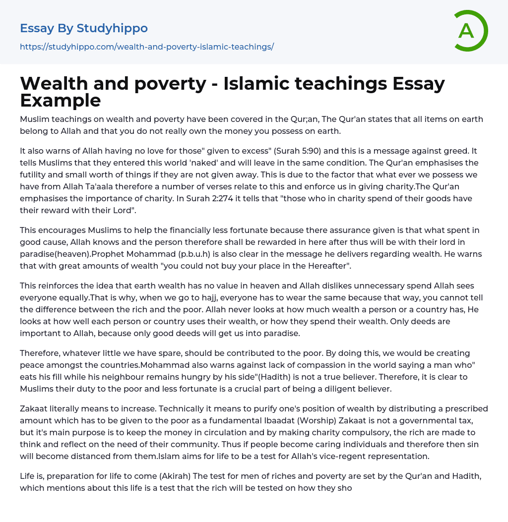 Wealth and poverty – Islamic teachings Essay Example