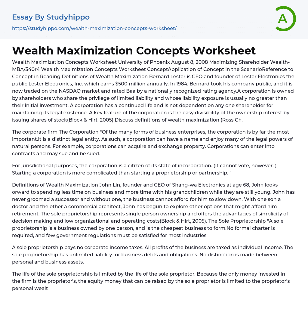 Wealth Maximization Concepts Worksheet Essay Example
