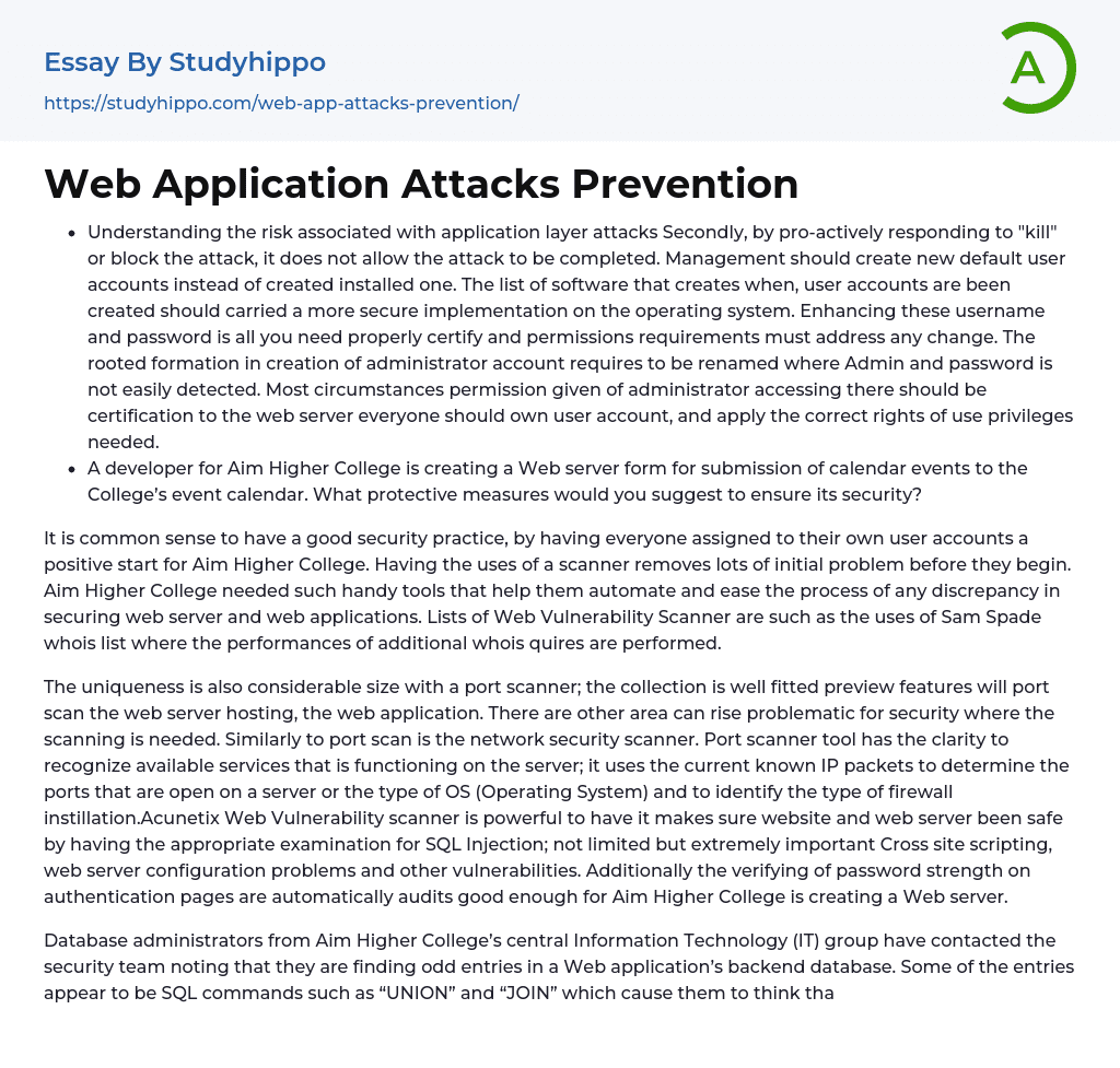 Web Application Attacks Prevention Essay Example