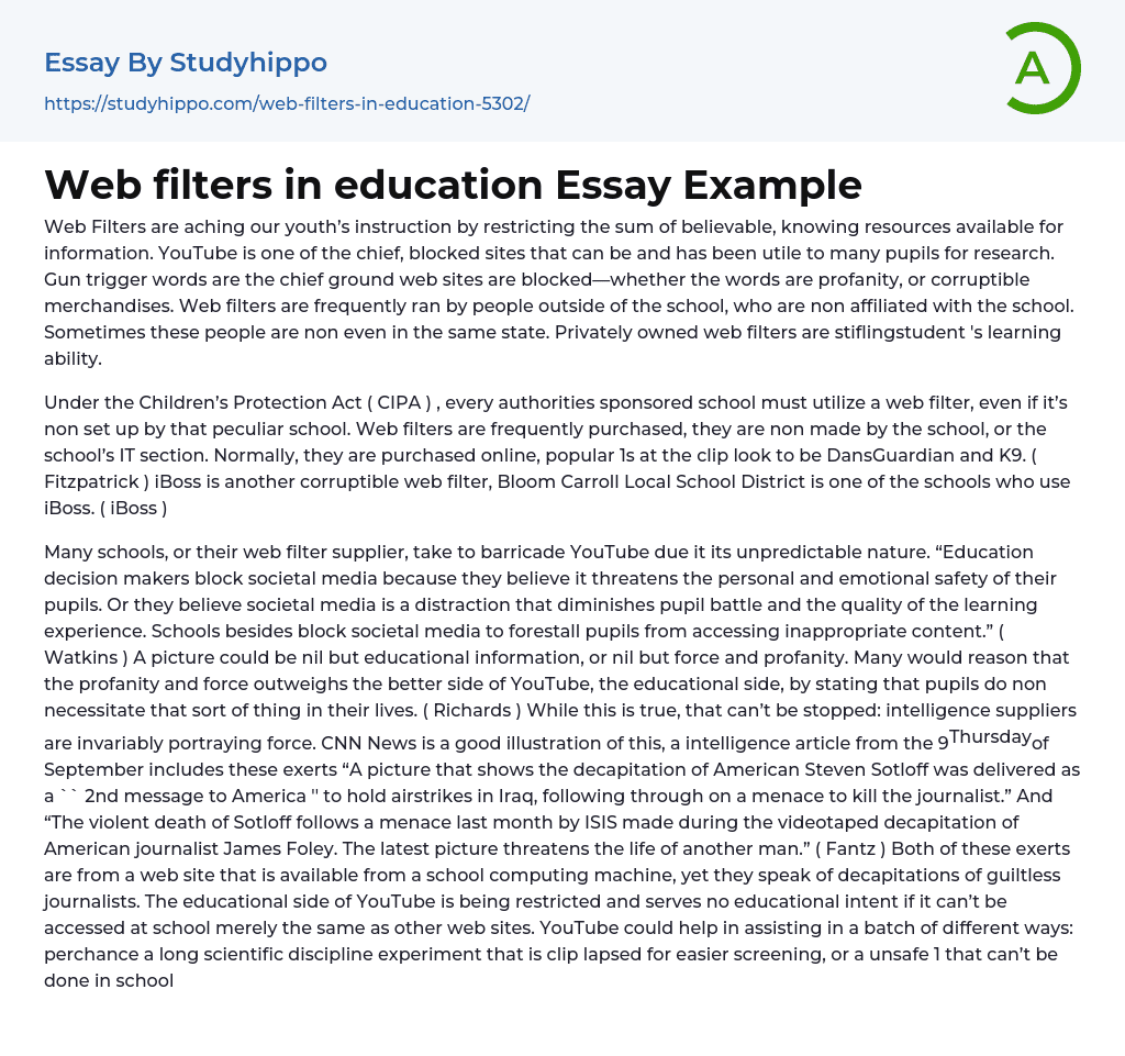 Web filters in education Essay Example