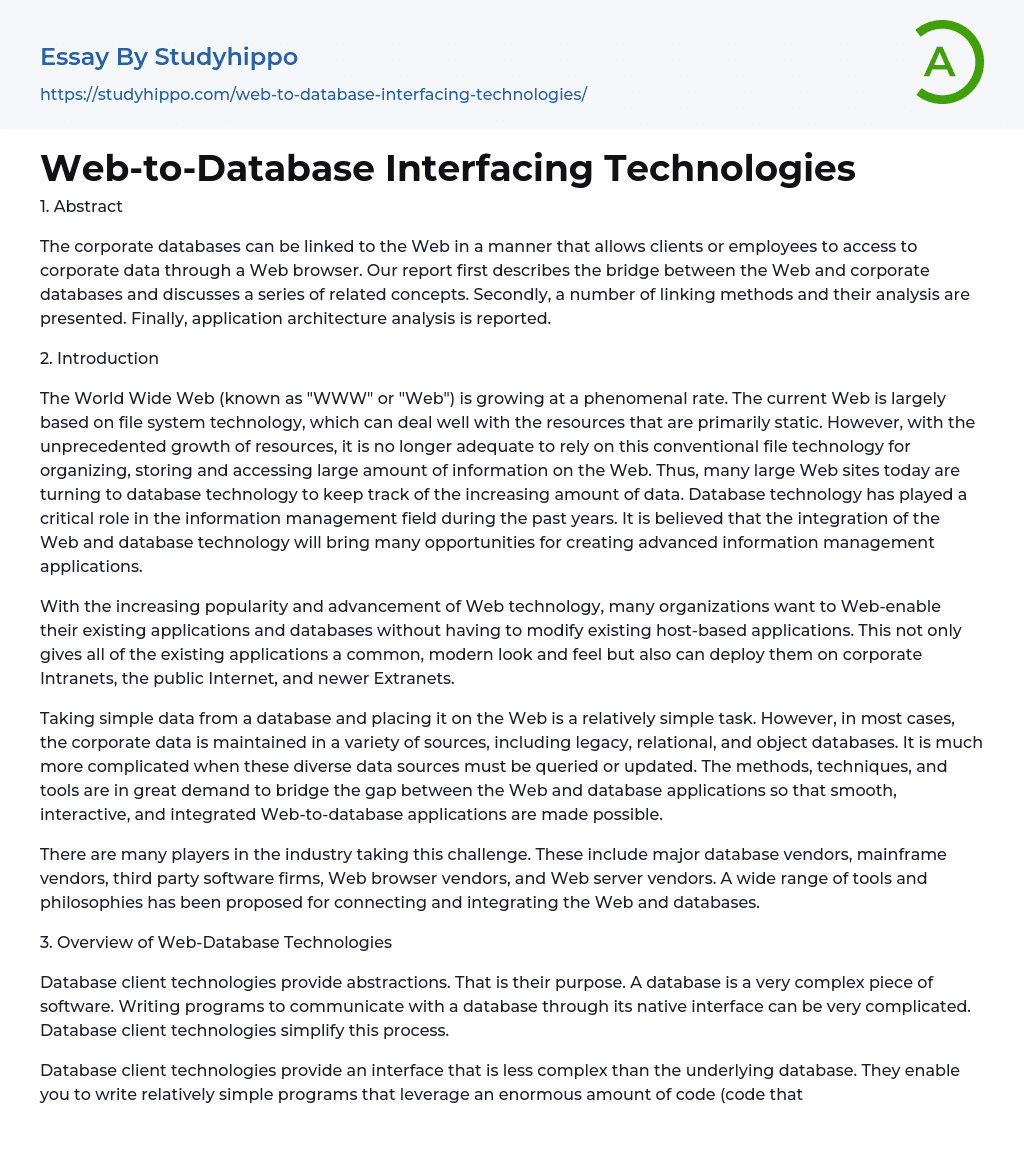Web-to-Database Interfacing Technologies Essay Example