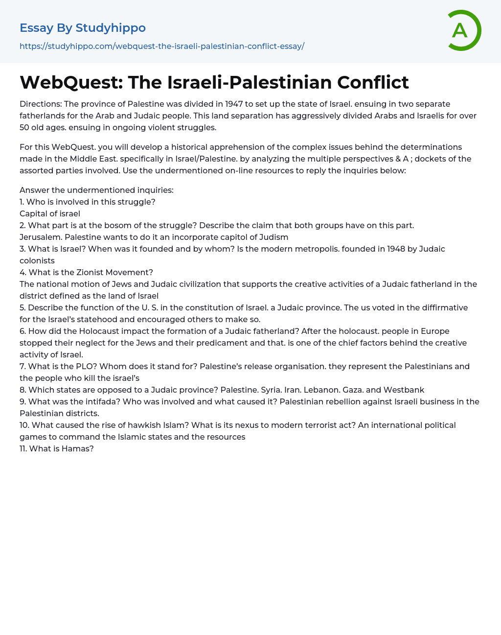 WebQuest: The Israeli-Palestinian Conflict Essay Example