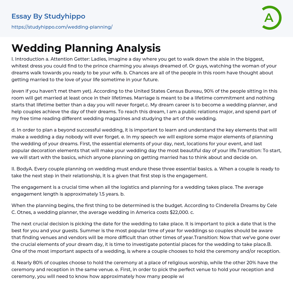 Wedding Planning Analysis Essay Example