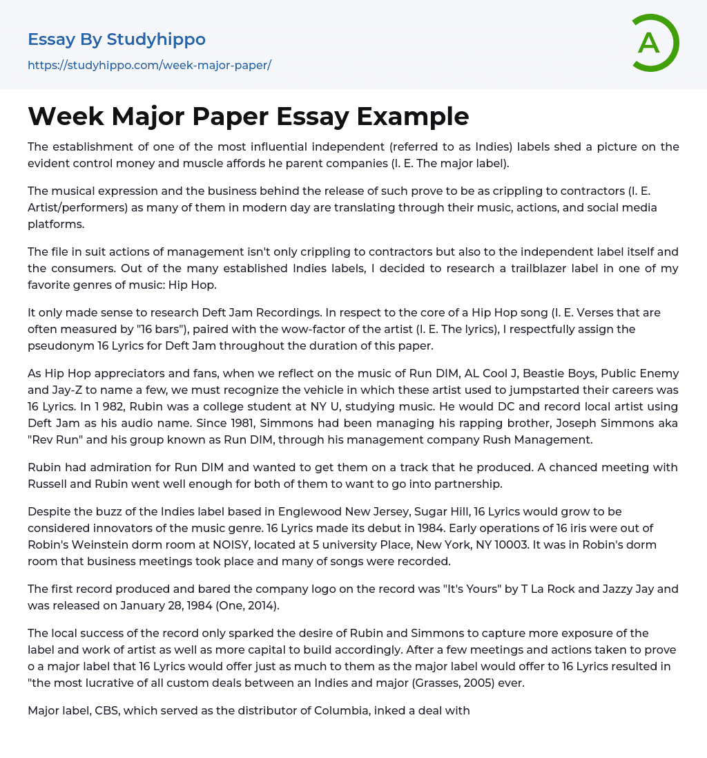 Week Major Paper Essay Example