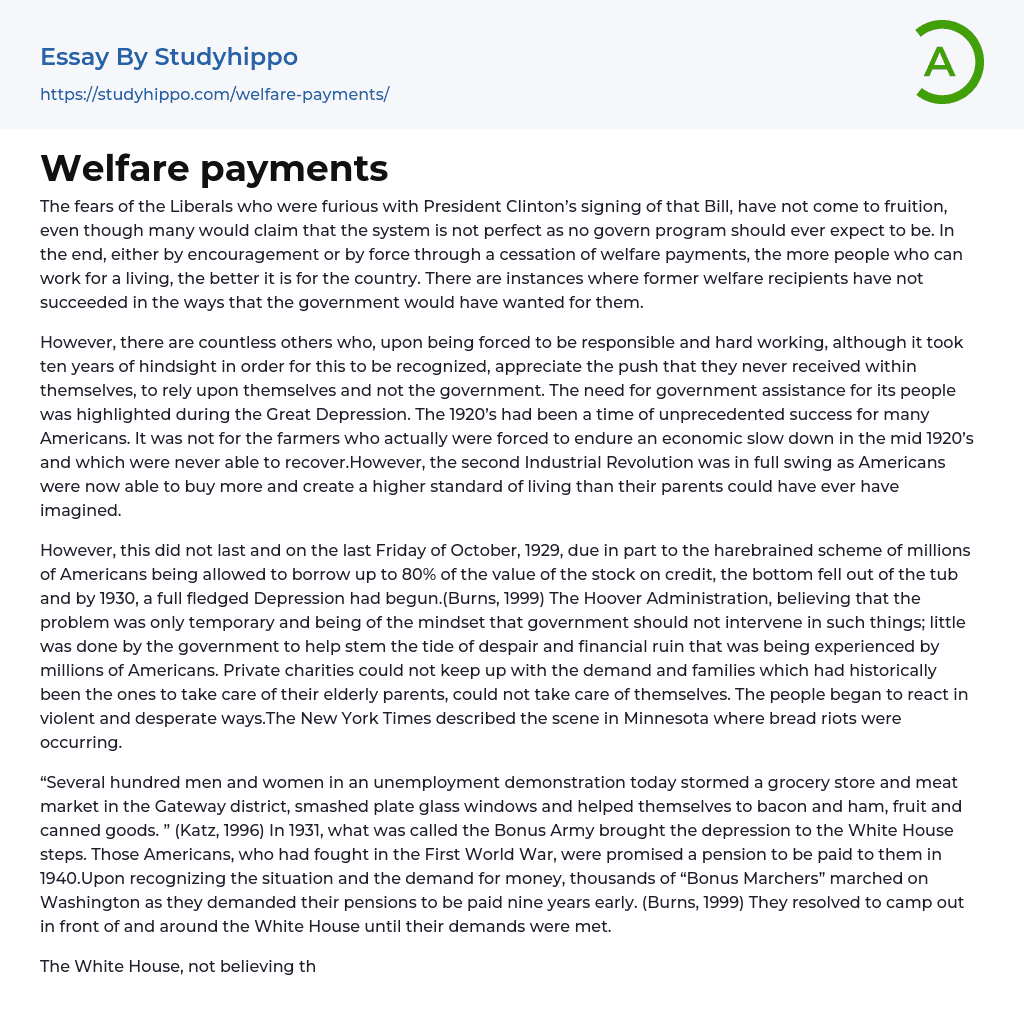 Welfare payments Essay Example