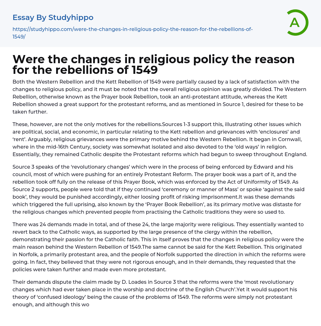 Were the changes in religious policy the reason for the rebellions of 1549 Essay Example