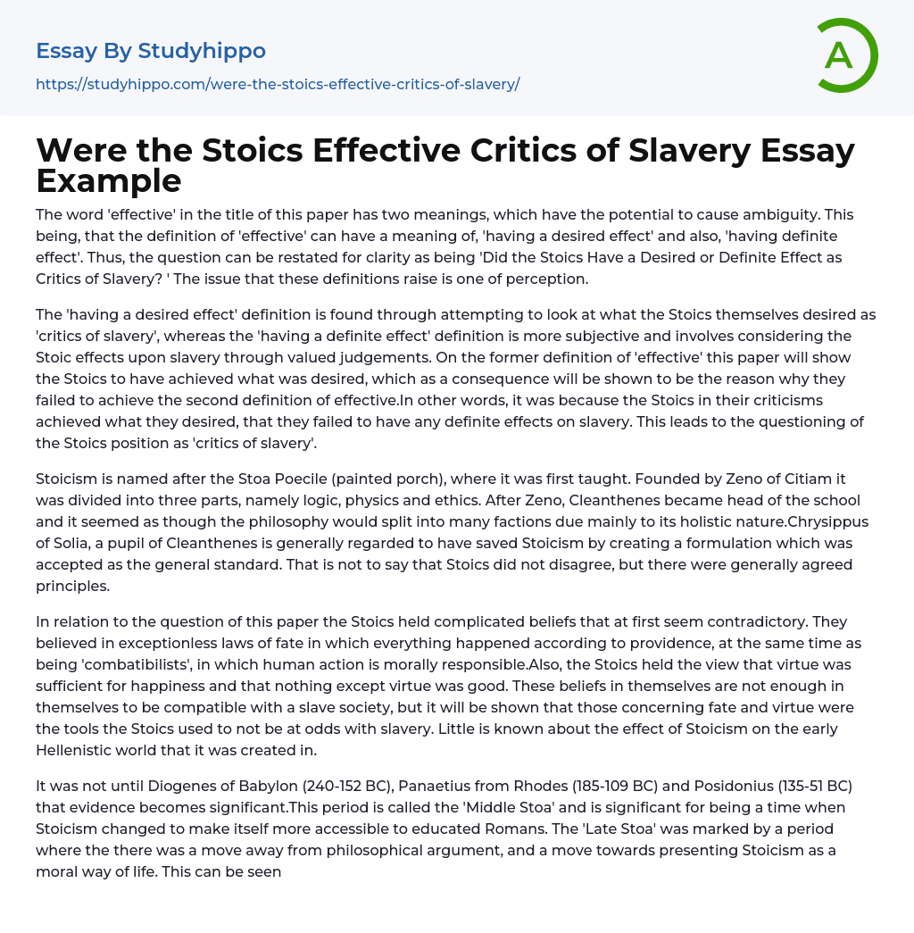 Were the Stoics Effective Critics of Slavery Essay Example