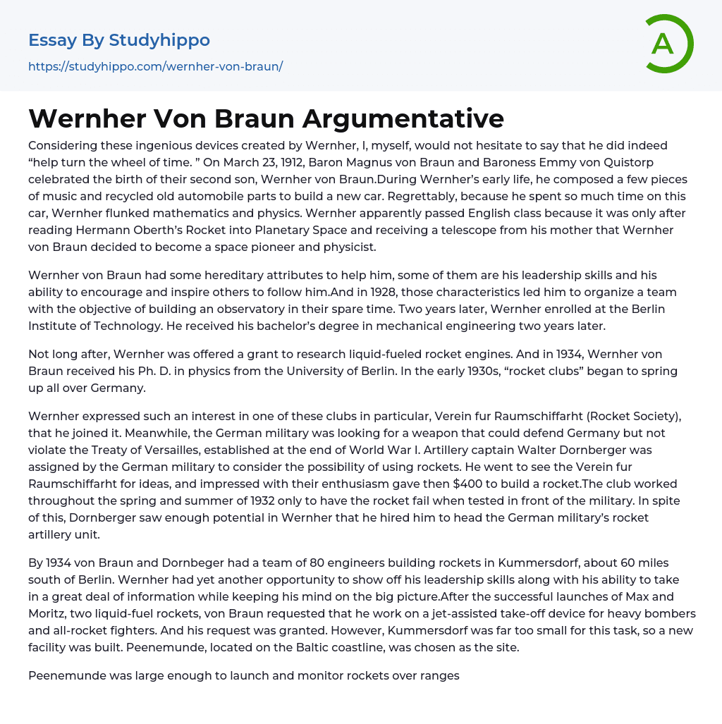 Wernher Von Braun Argumentative Essay Example