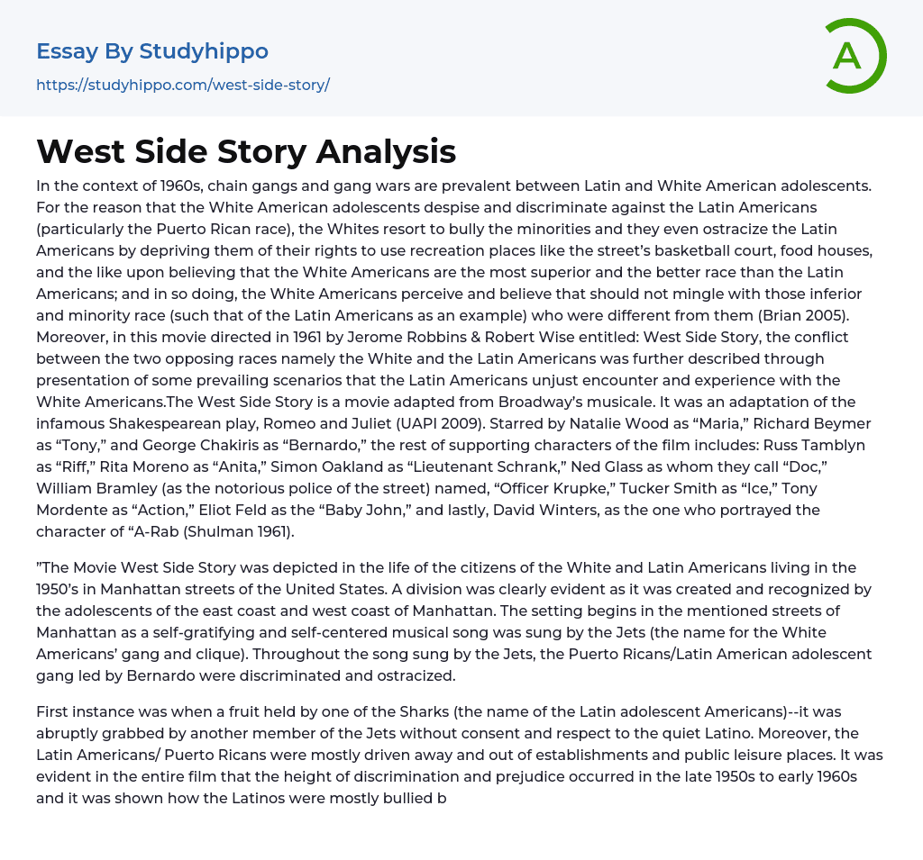 West Side Story Analysis Essay Example