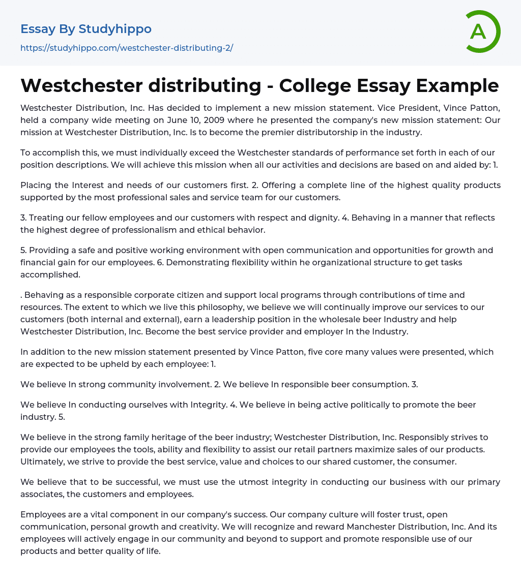 Westchester distributing – College Essay Example