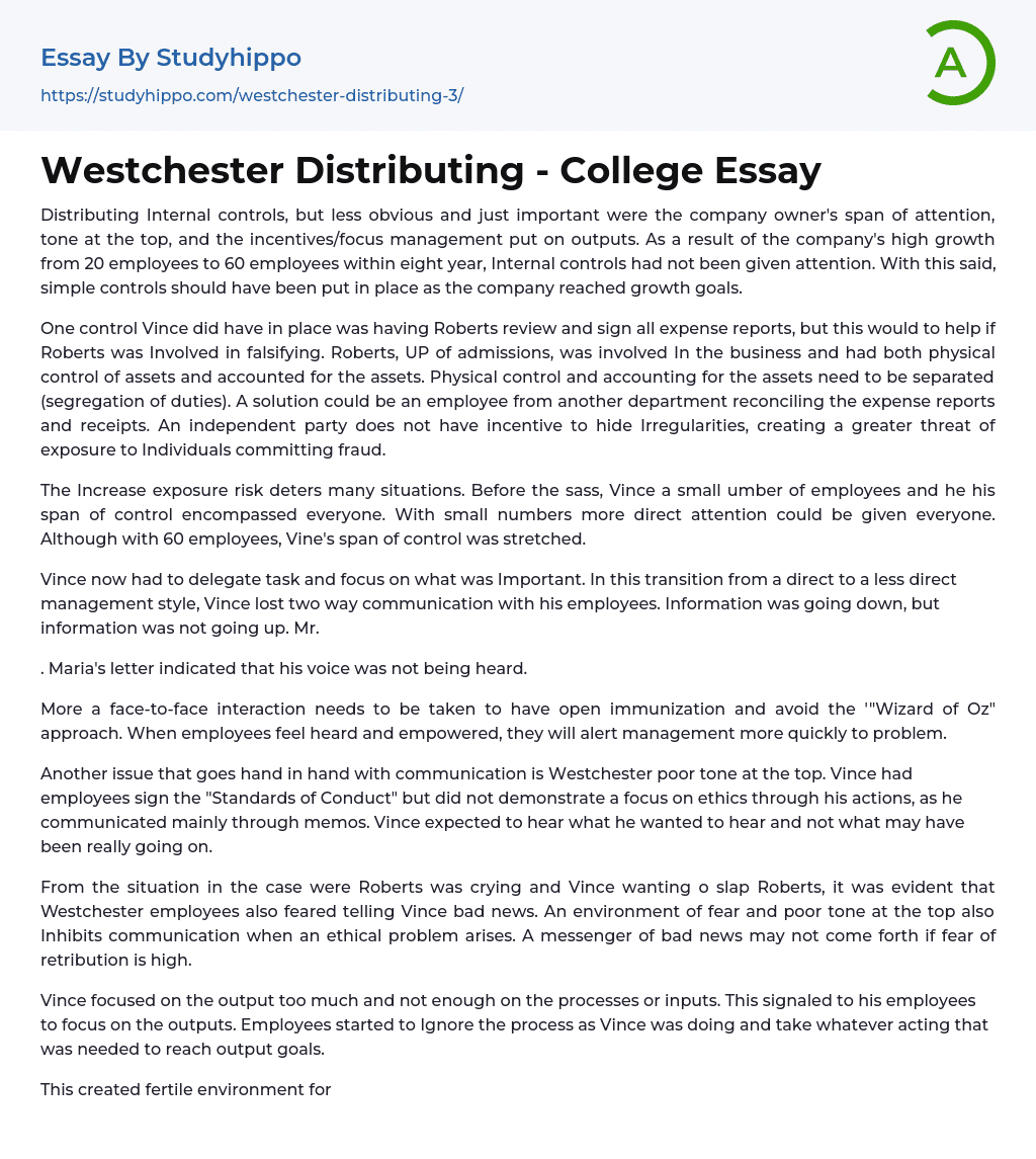 Westchester Distributing – College Essay