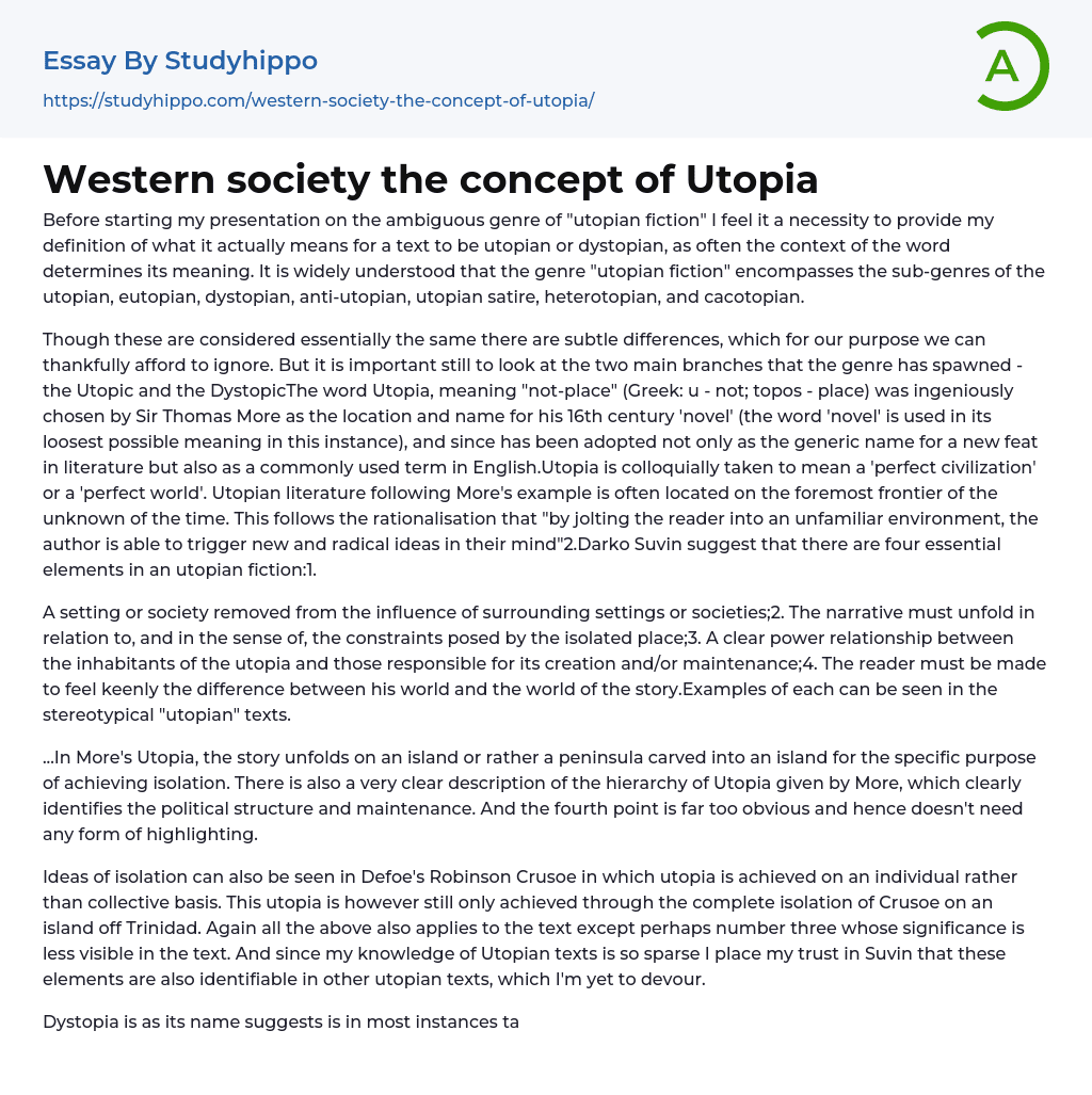 Western society the concept of Utopia Essay Example