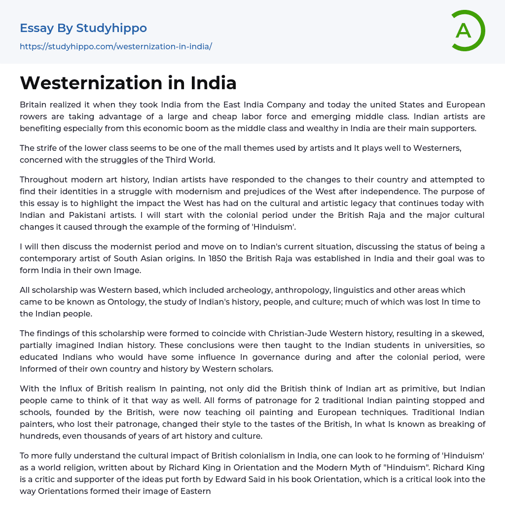 Westernization in India Essay Example