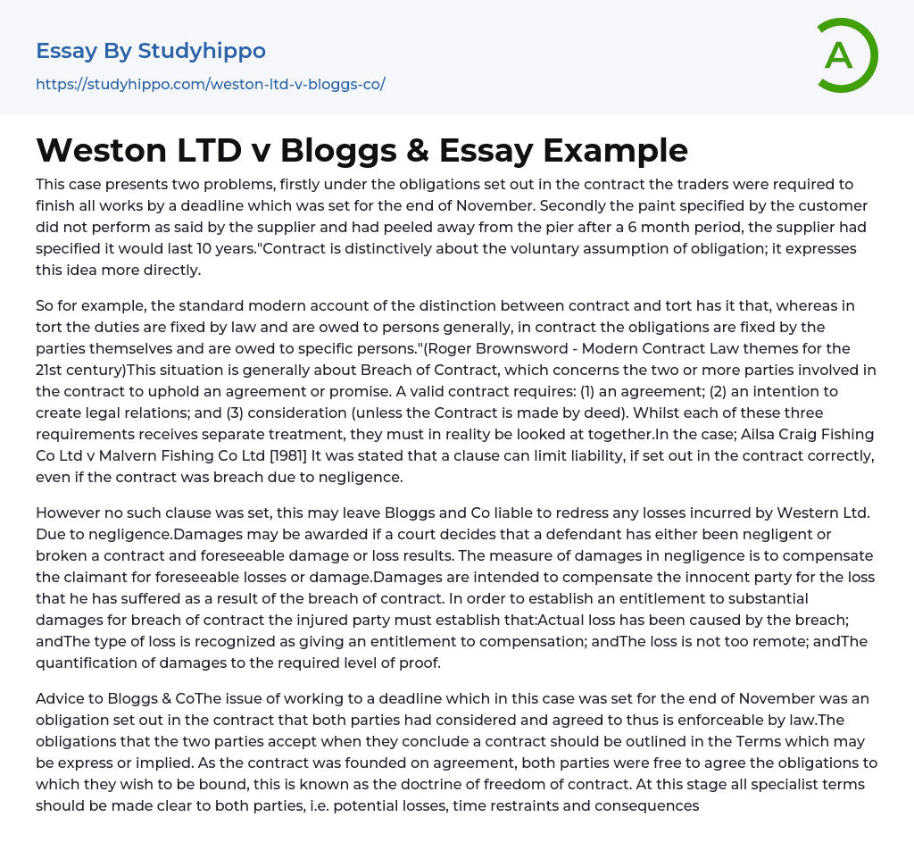 Weston LTD v Bloggs &amp Essay Example