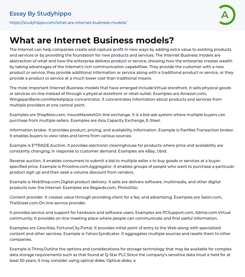 What are Internet Business models? Essay Example