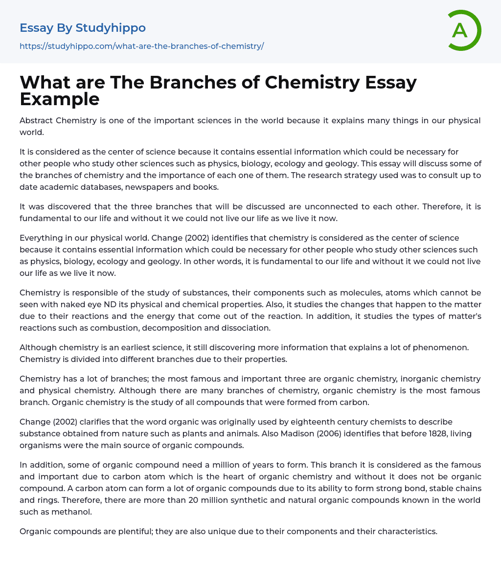 What are The Branches of Chemistry Essay Example