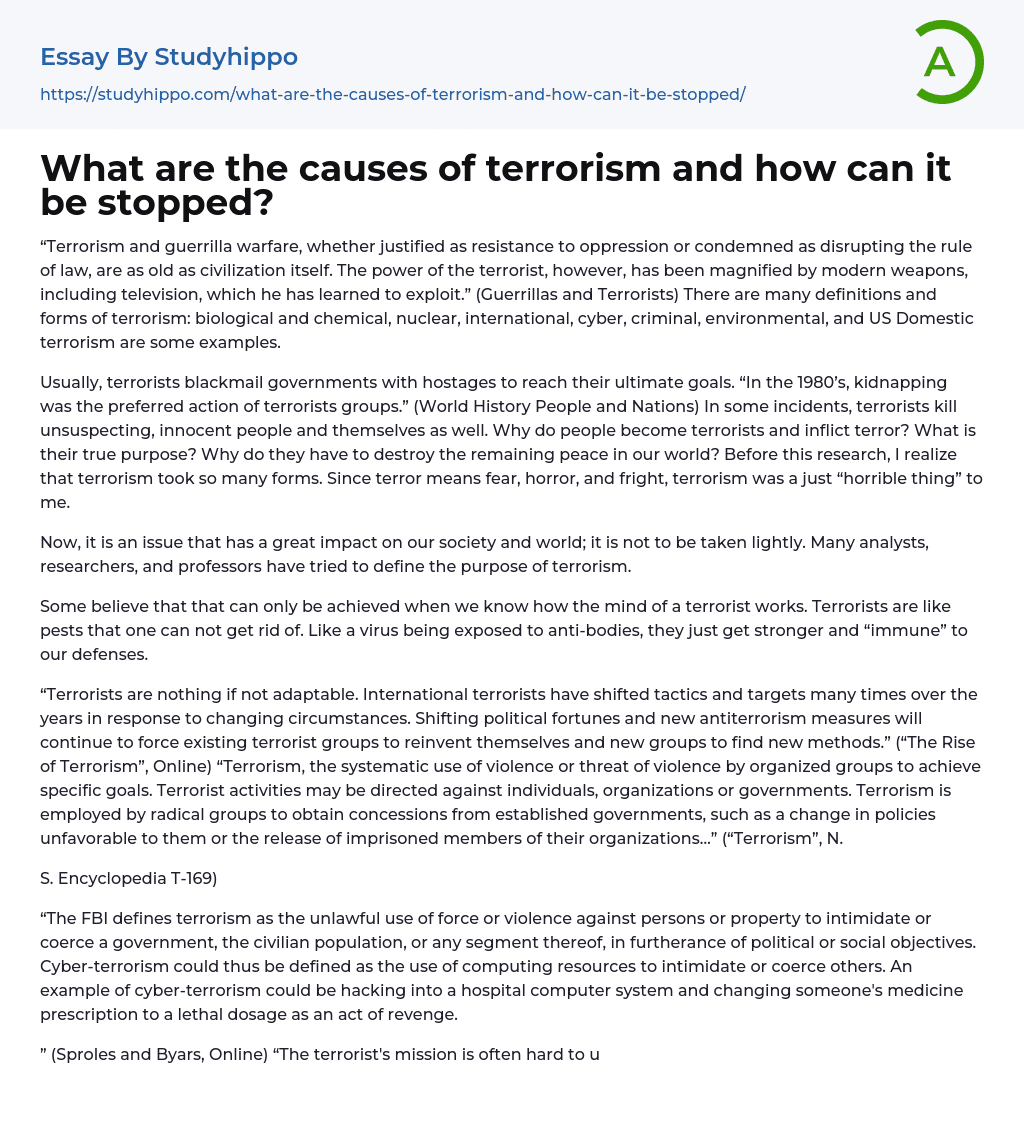What are the causes of terrorism and how can it be stopped? Essay Example