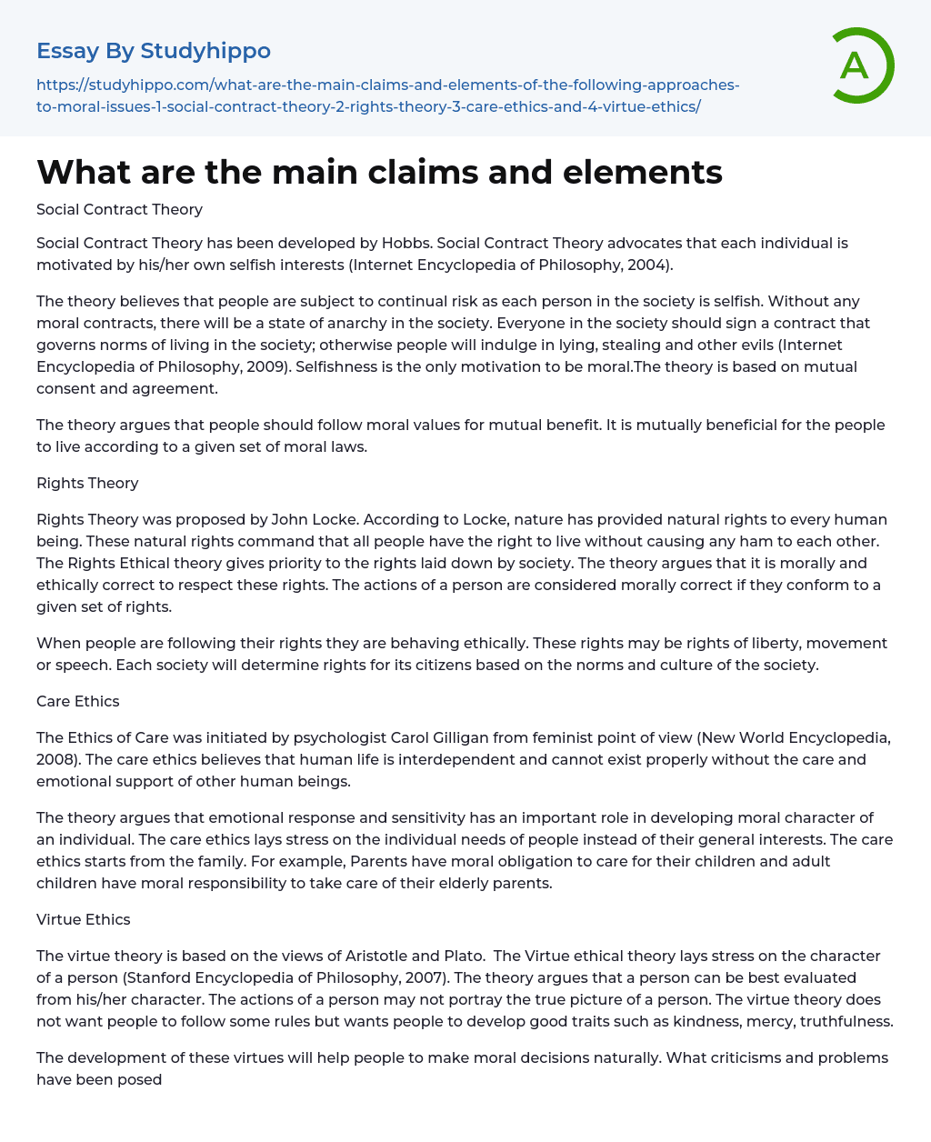 What are the main claims and elements Essay Example