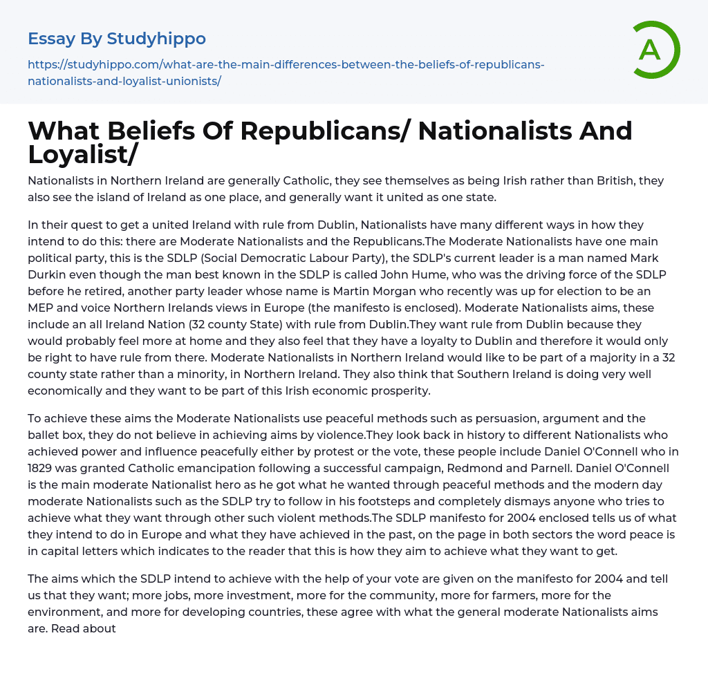 What Beliefs Of Republicans/ Nationalists And Loyalist/ Essay Example