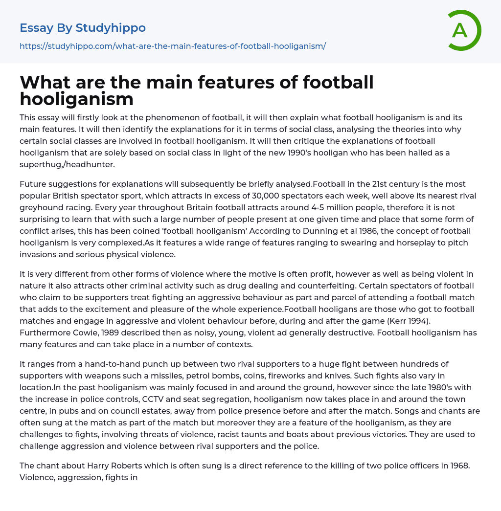What are the main features of football hooliganism Essay Example