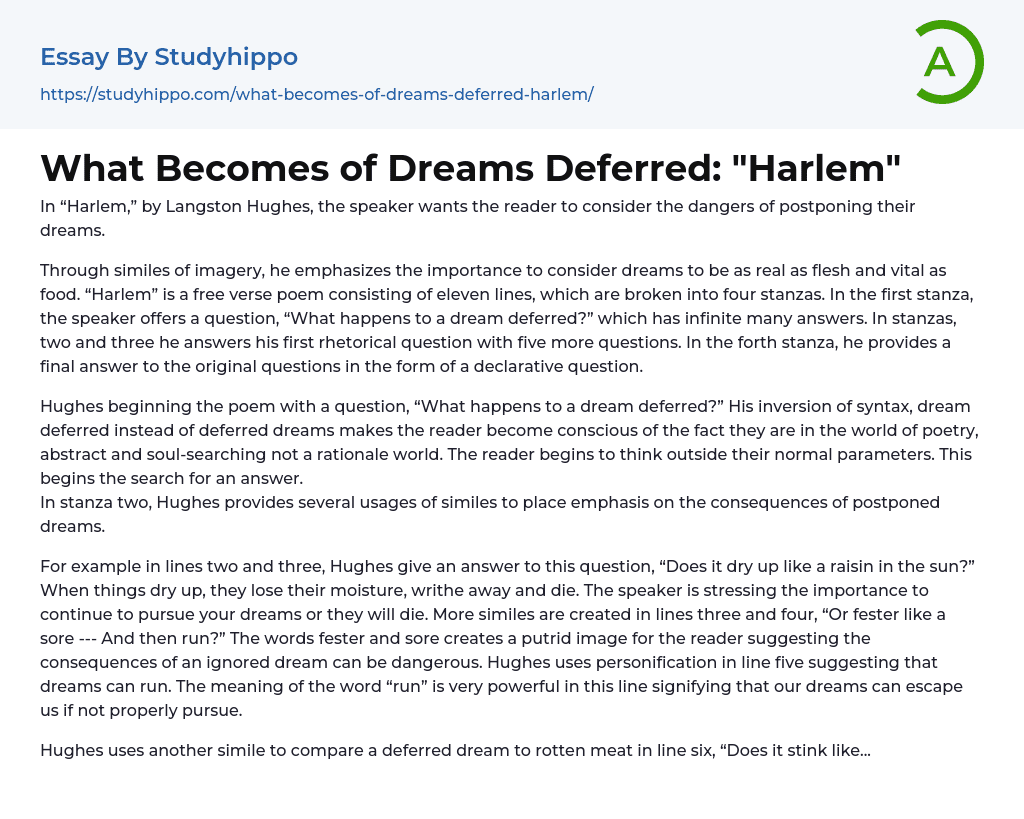 short essay about dream deferred