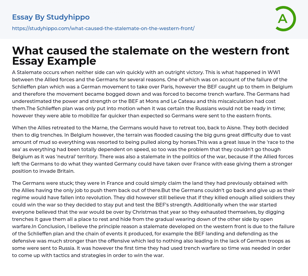 What caused the stalemate on the western front Essay Example