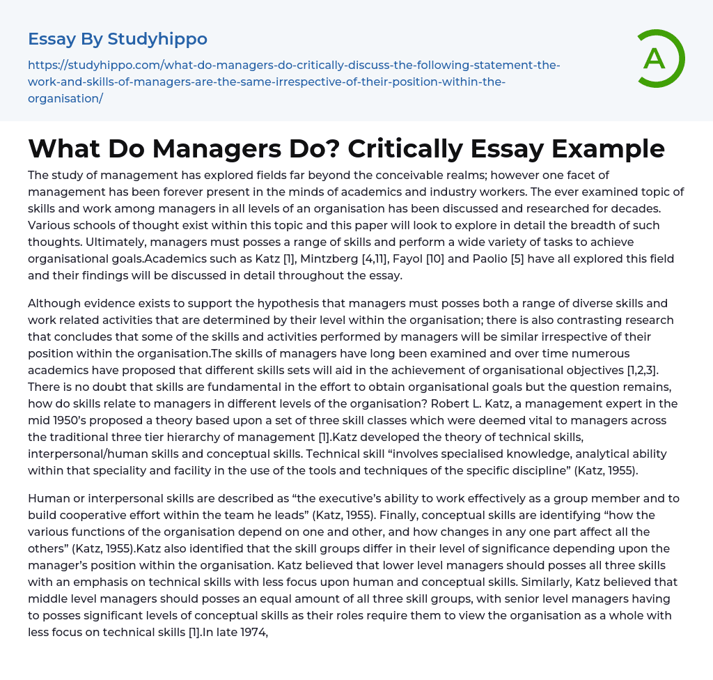 What Do Managers Do? Critically Essay Example