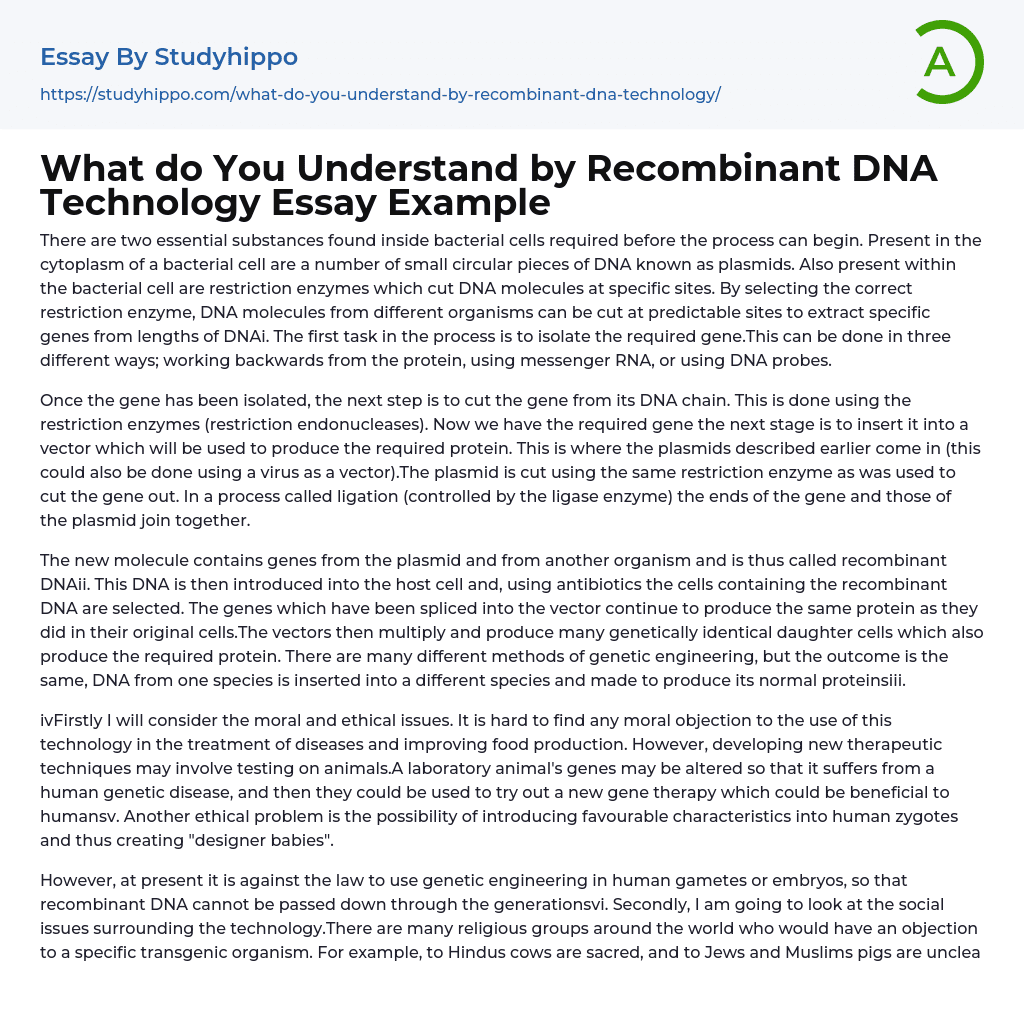 What do You Understand by Recombinant DNA Technology Essay Example