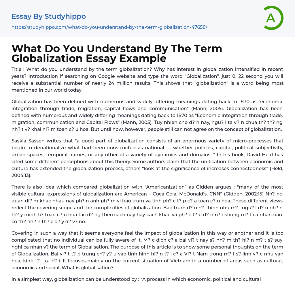 What Do You Understand By The Term Globalization Essay Example