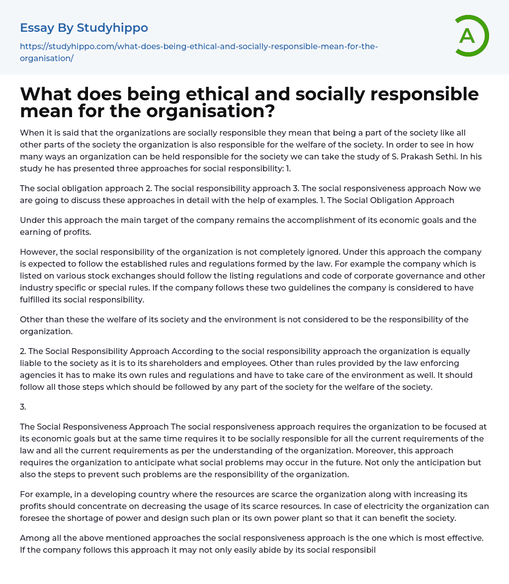 What does being ethical and socially responsible mean for the organisation? Essay Example