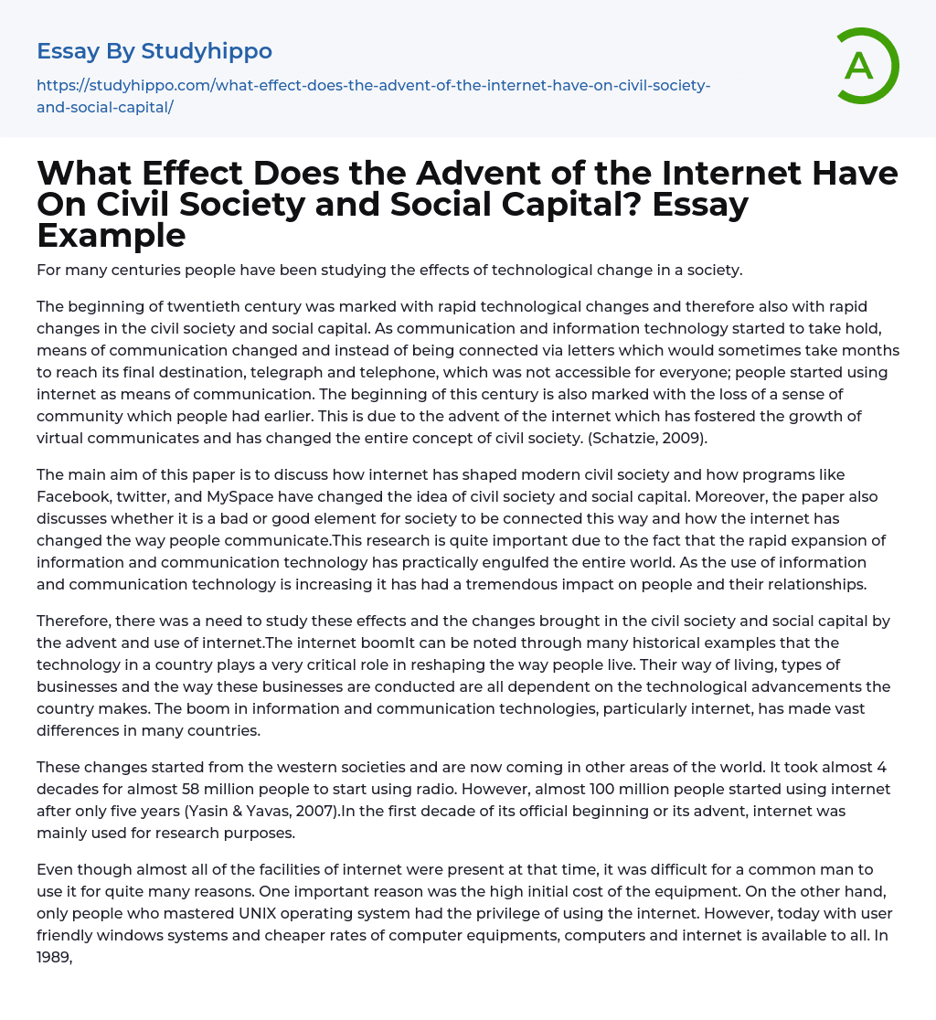 What Effect Does the Advent of the Internet Have On Civil Society and Social Capital? Essay Example