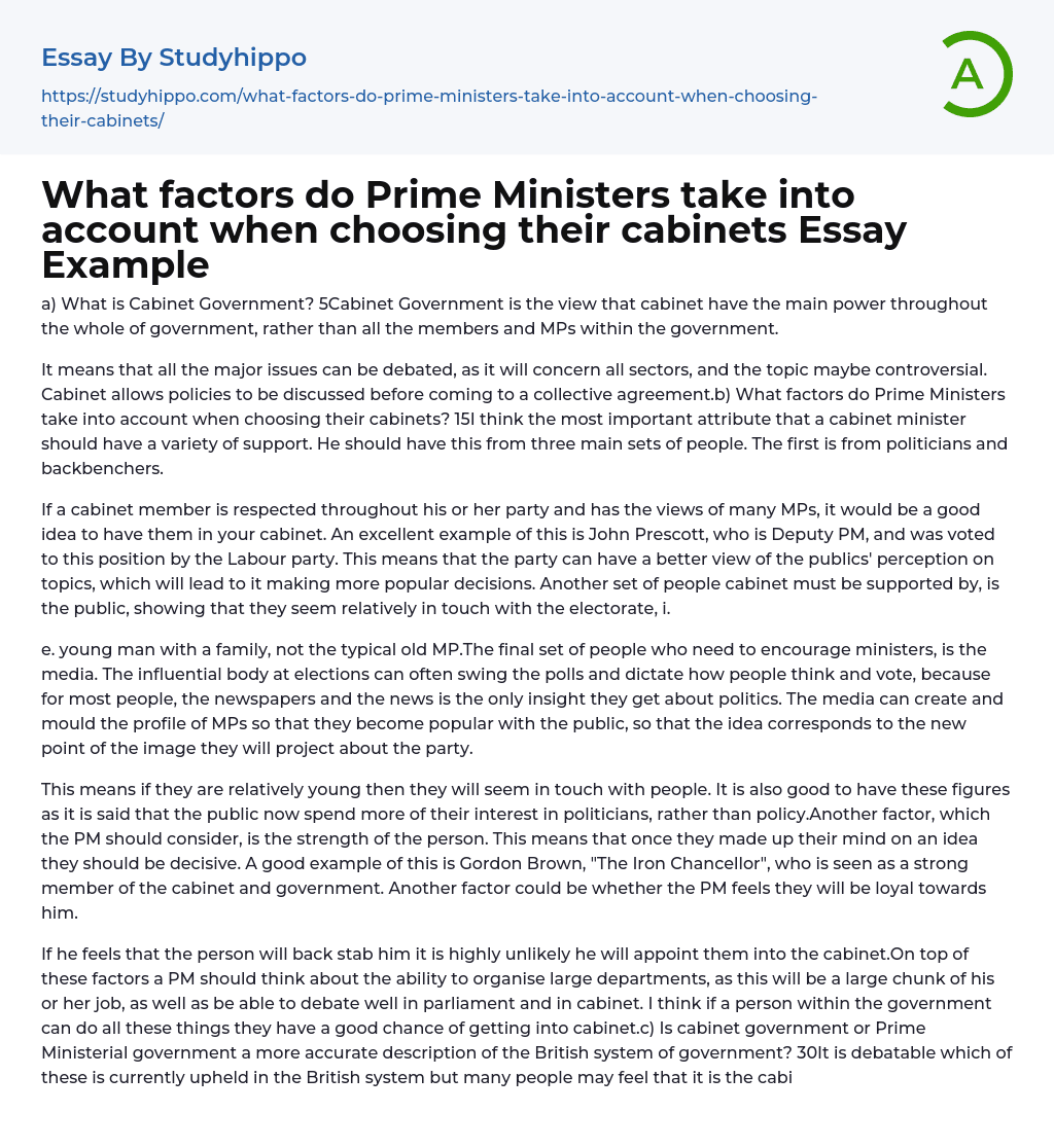 What factors do Prime Ministers take into account when choosing their cabinets Essay Example