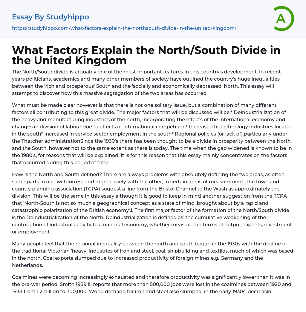 What Factors Explain the North/South Divide in the United Kingdom Essay Example
