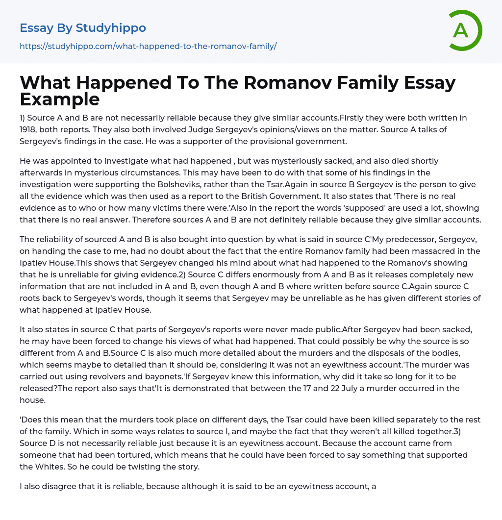 What Happened To The Romanov Family Essay Example