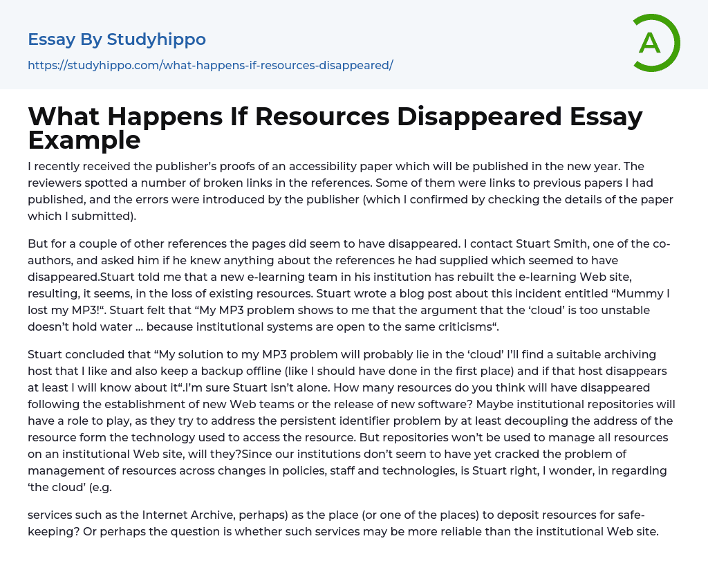 What Happens If Resources Disappeared Essay Example