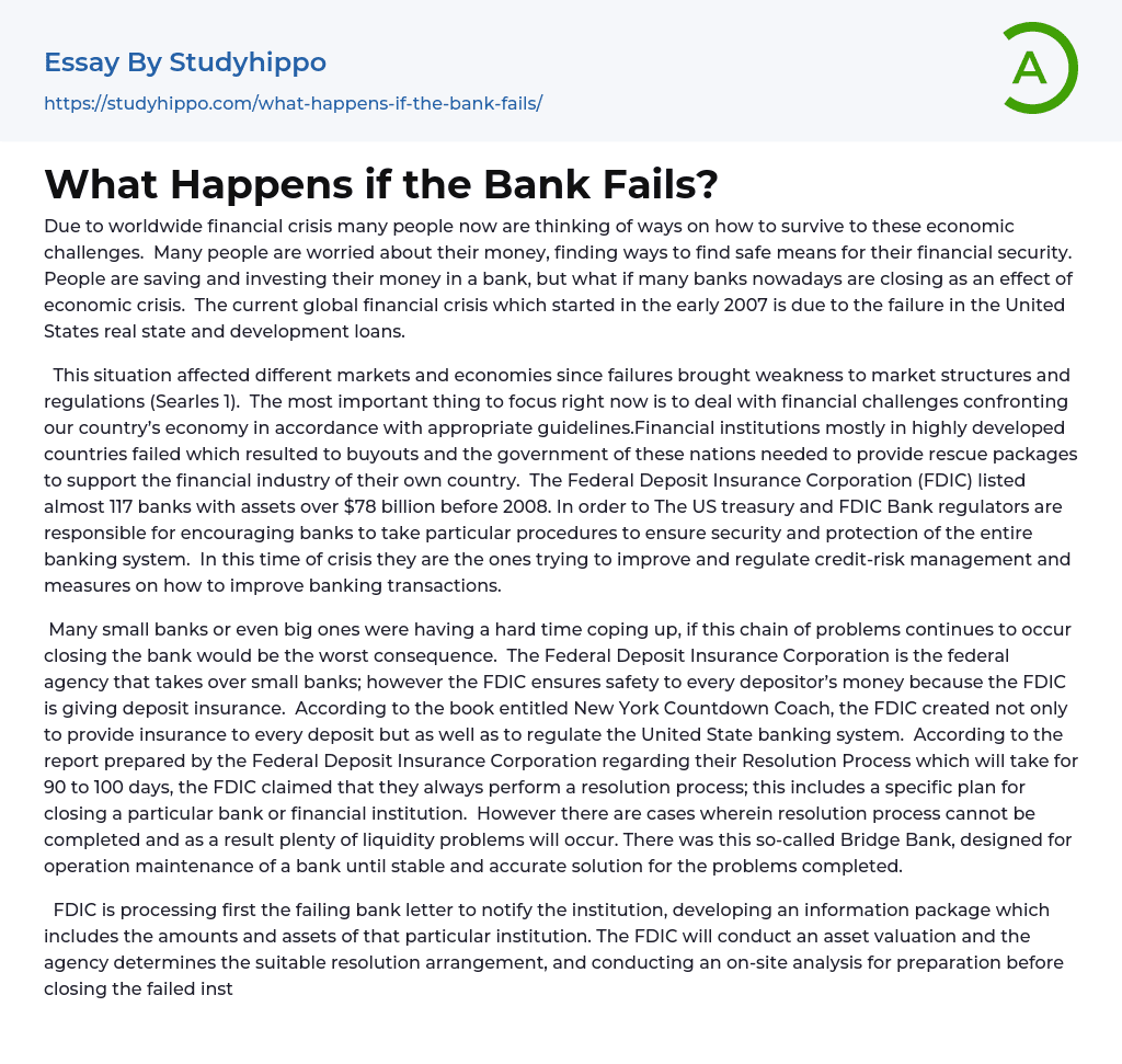 What Happens if the Bank Fails? Essay Example