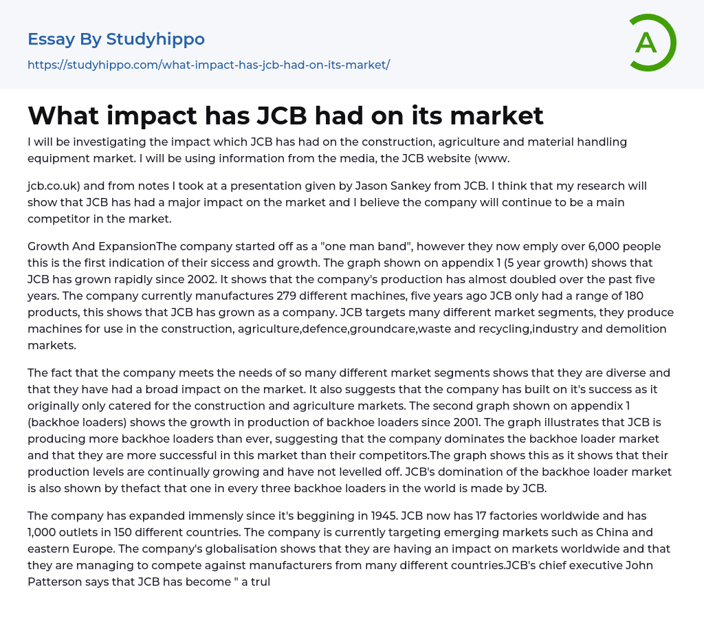 What impact has JCB had on its market Essay Example