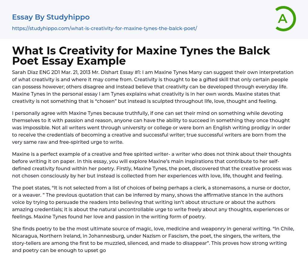 What Is Creativity for Maxine Tynes the Balck Poet Essay Example
