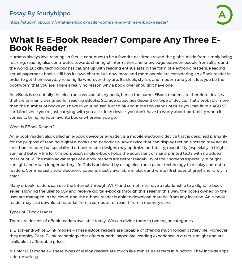 What Is E-Book Reader? Compare Any Three E-Book Reader Essay Example