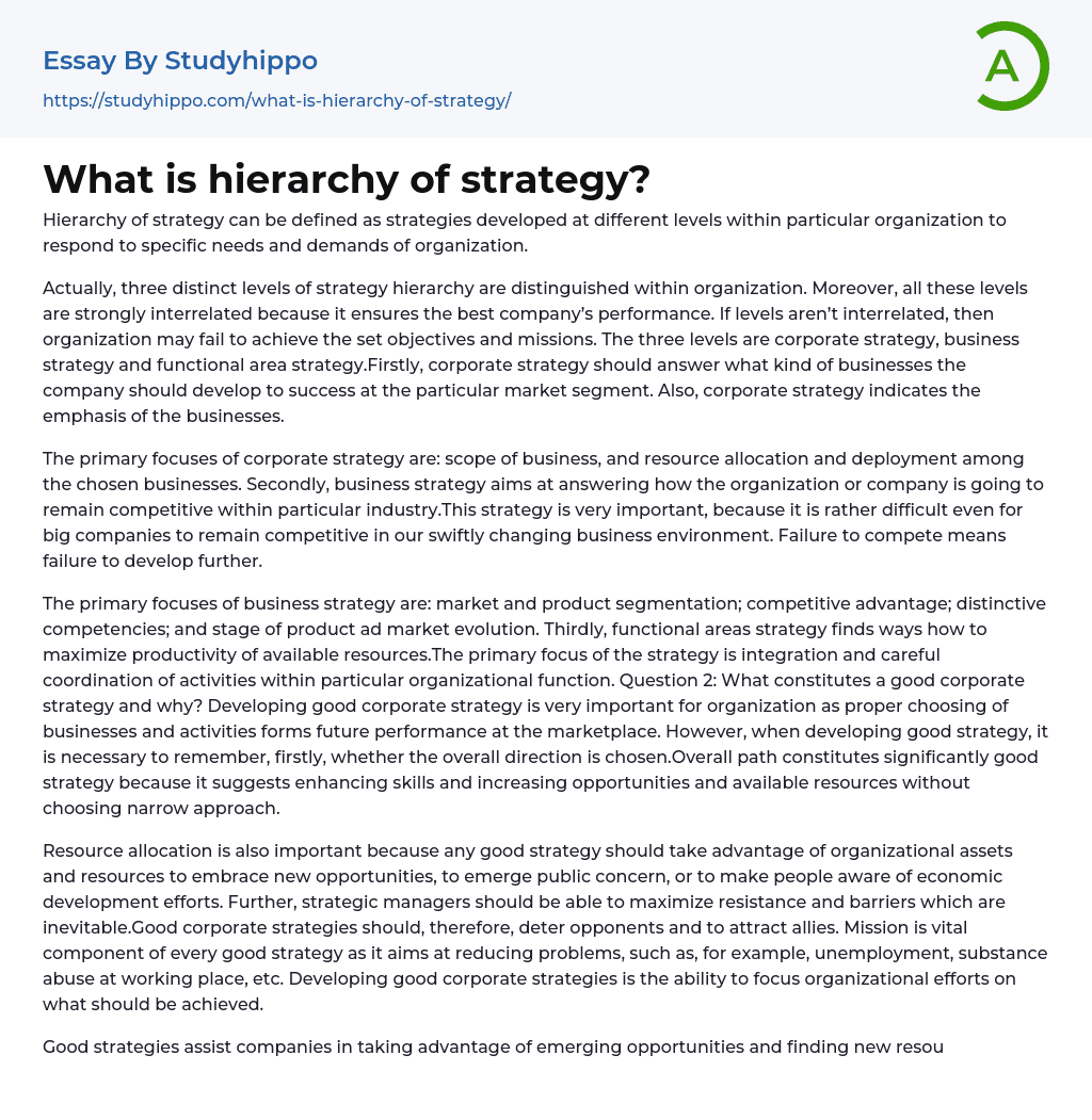 What is hierarchy of strategy? Essay Example