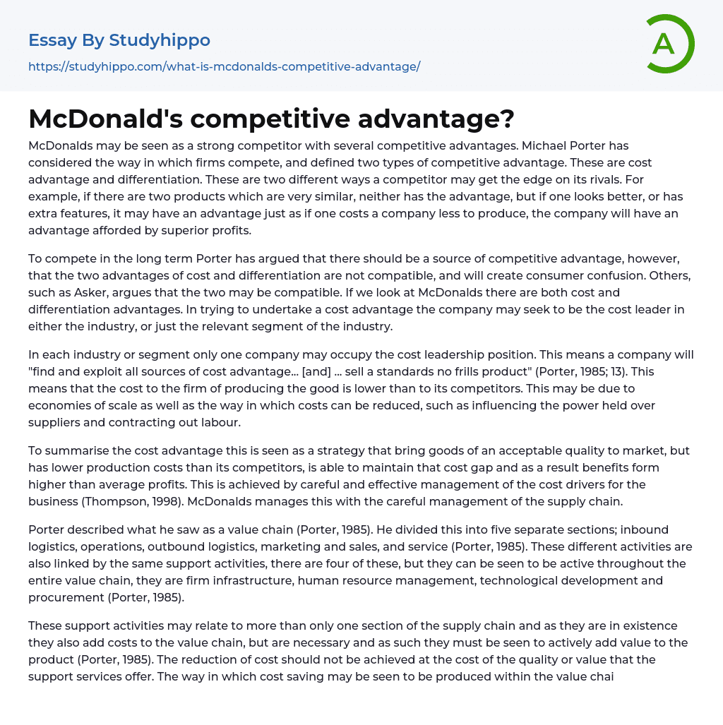 McDonald’s competitive advantage? Essay Example