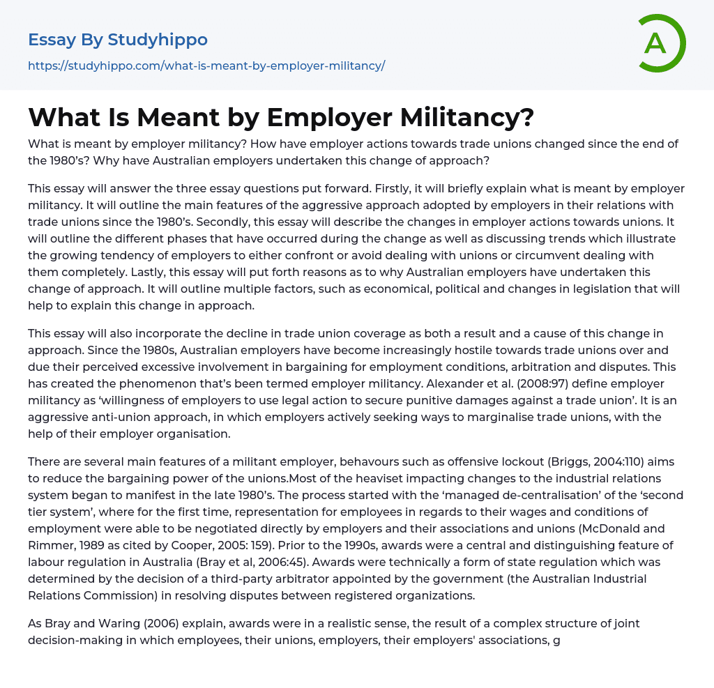 What Is Meant by Employer Militancy? Essay Example