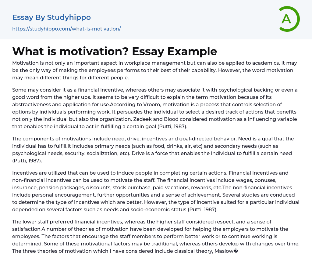 What is motivation? Essay Example