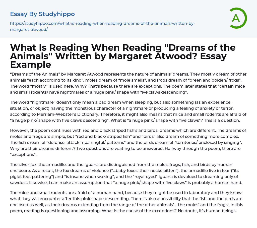 What Is Reading When Reading “Dreams of the Animals” Written by Margaret Atwood? Essay Example