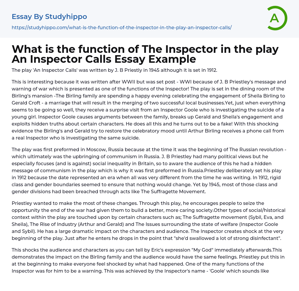 What is the function of The Inspector in the play An Inspector Calls Essay Example