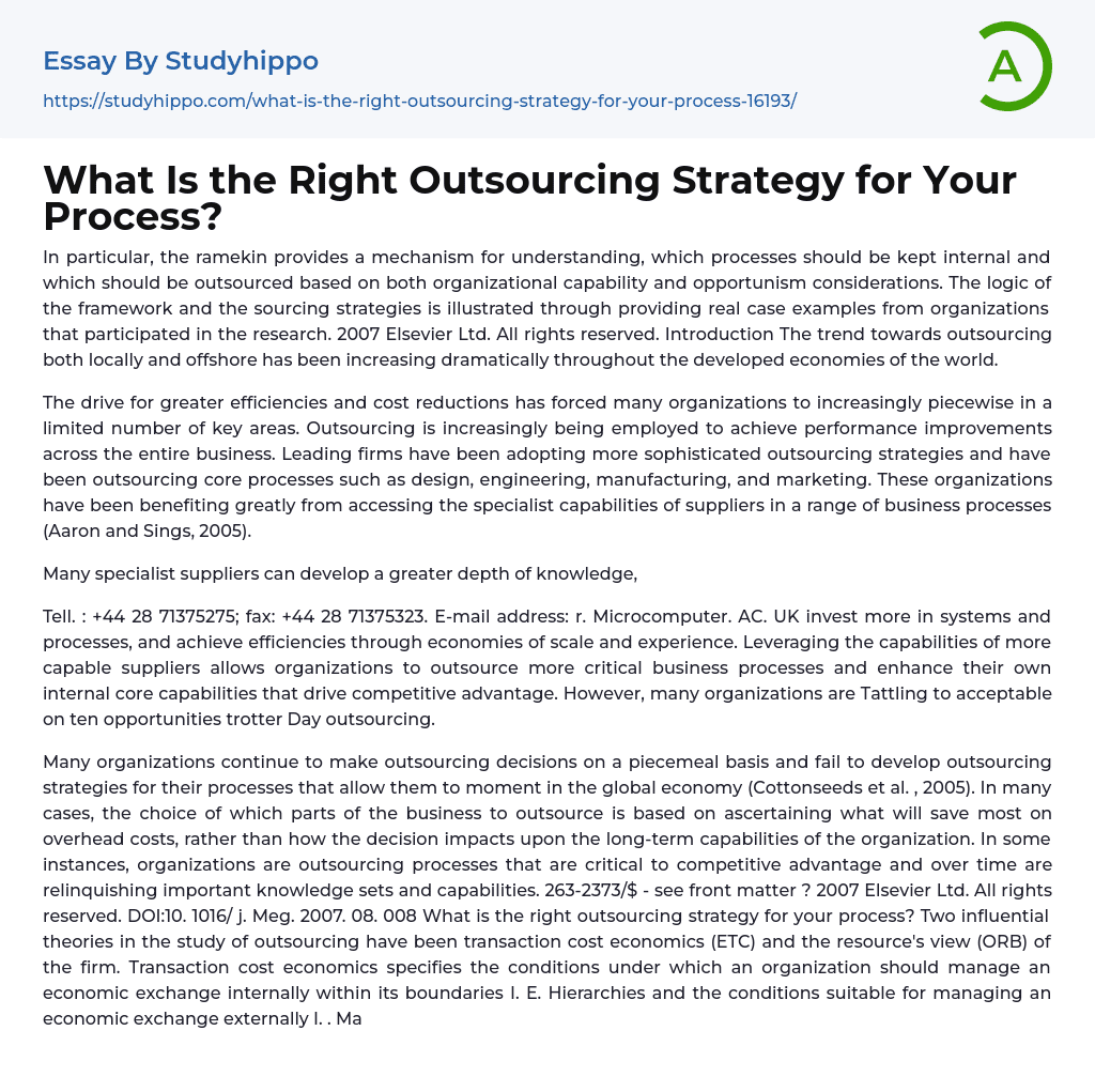 What Is the Right Outsourcing Strategy for Your Process? Essay Example