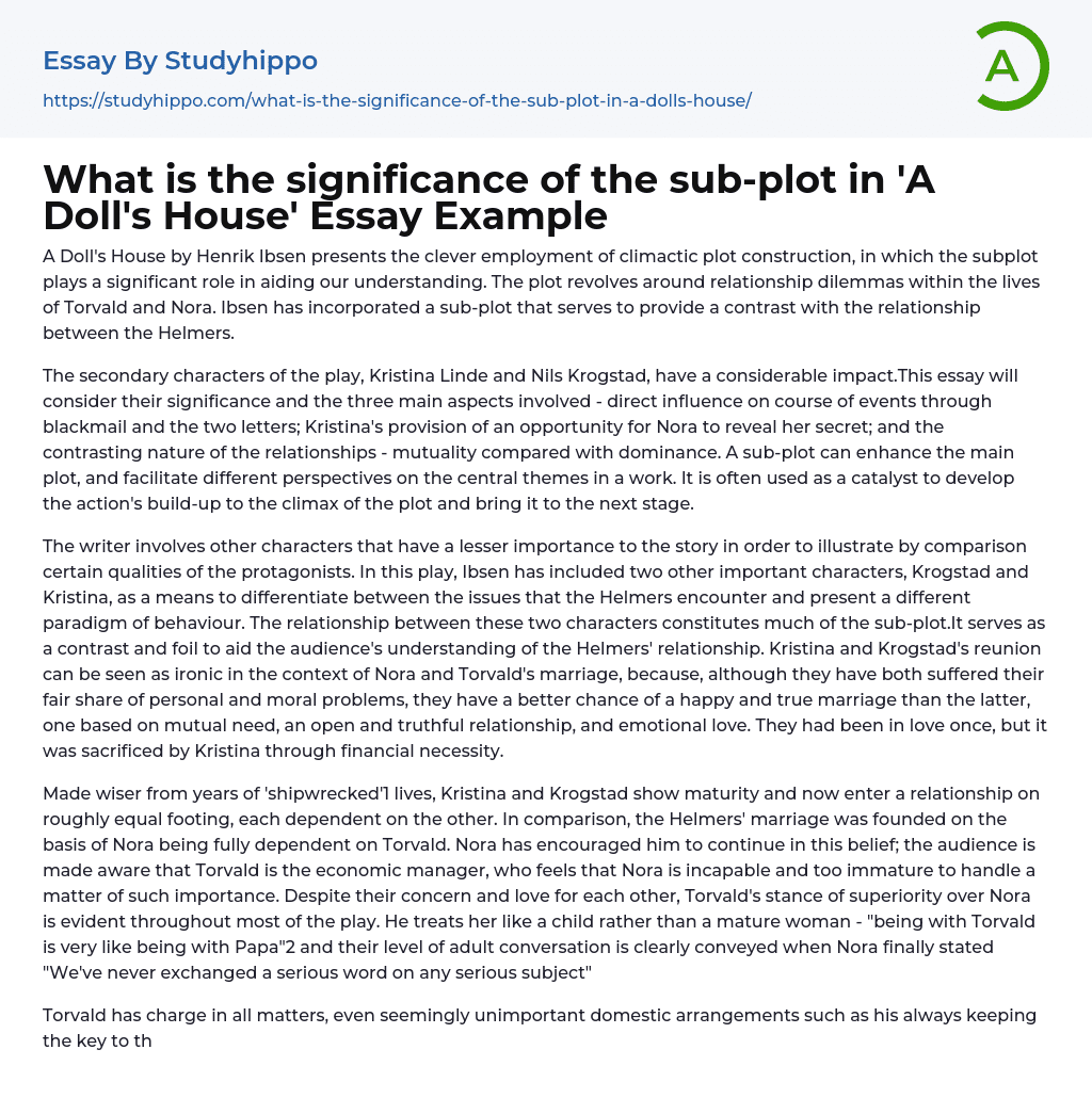 What is the significance of the sub-plot in ‘A Doll’s House’ Essay Example