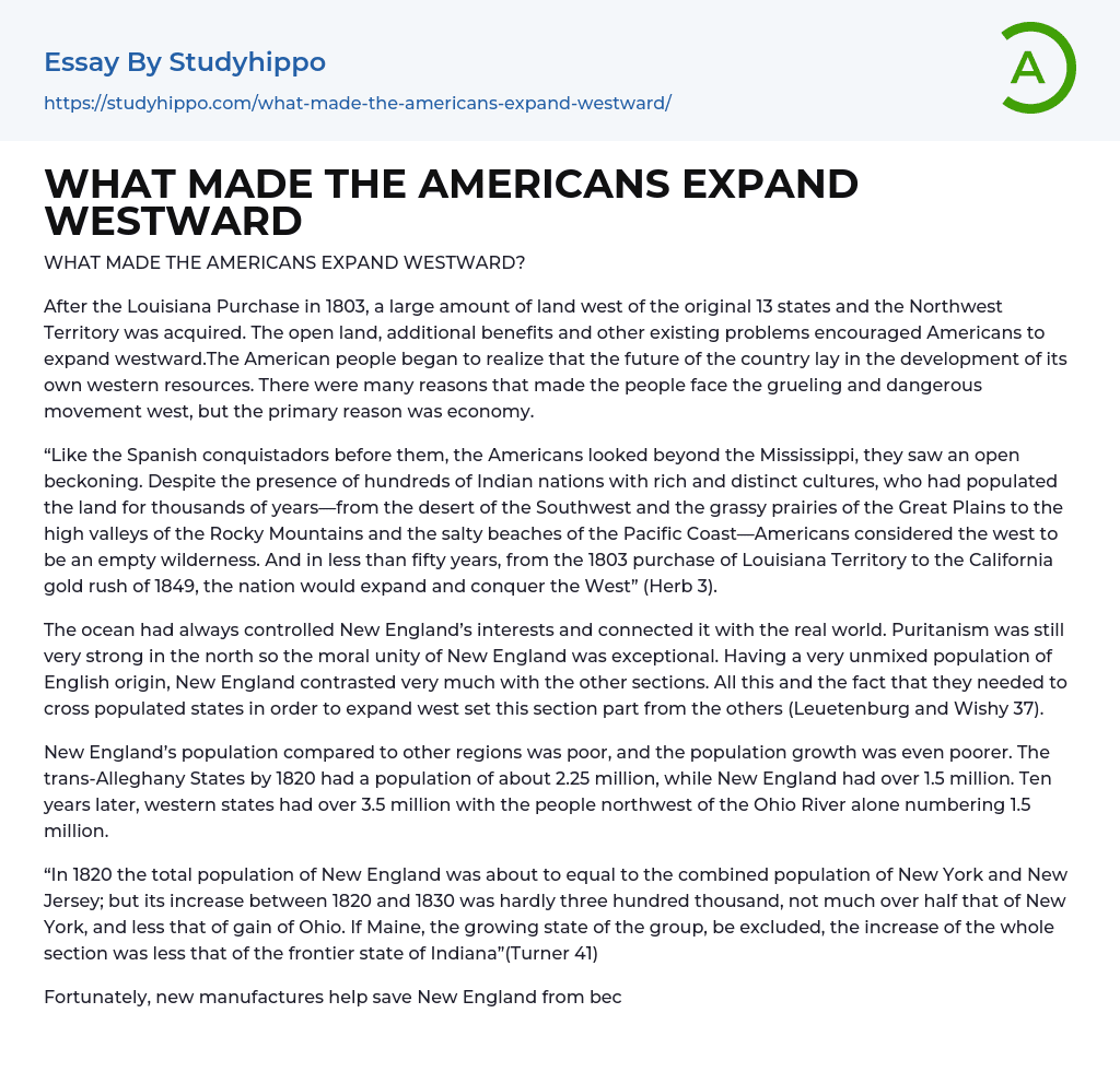 What Made the Americans Expand Westward? Essay Example