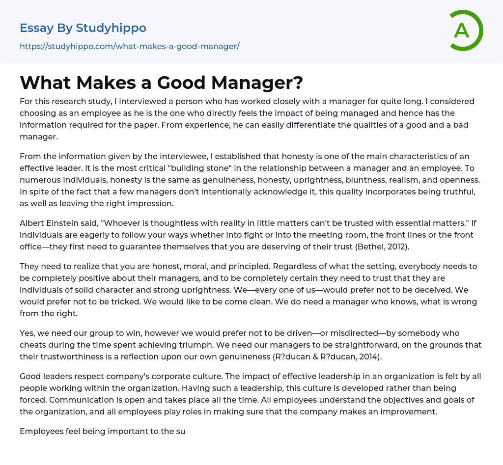 What Makes a Good Manager? Essay Example